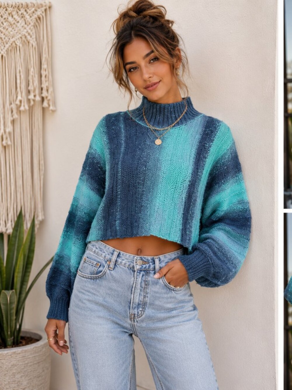 POL Aqua Blue Striped Cropped Sweater Mock Neck Knit Small